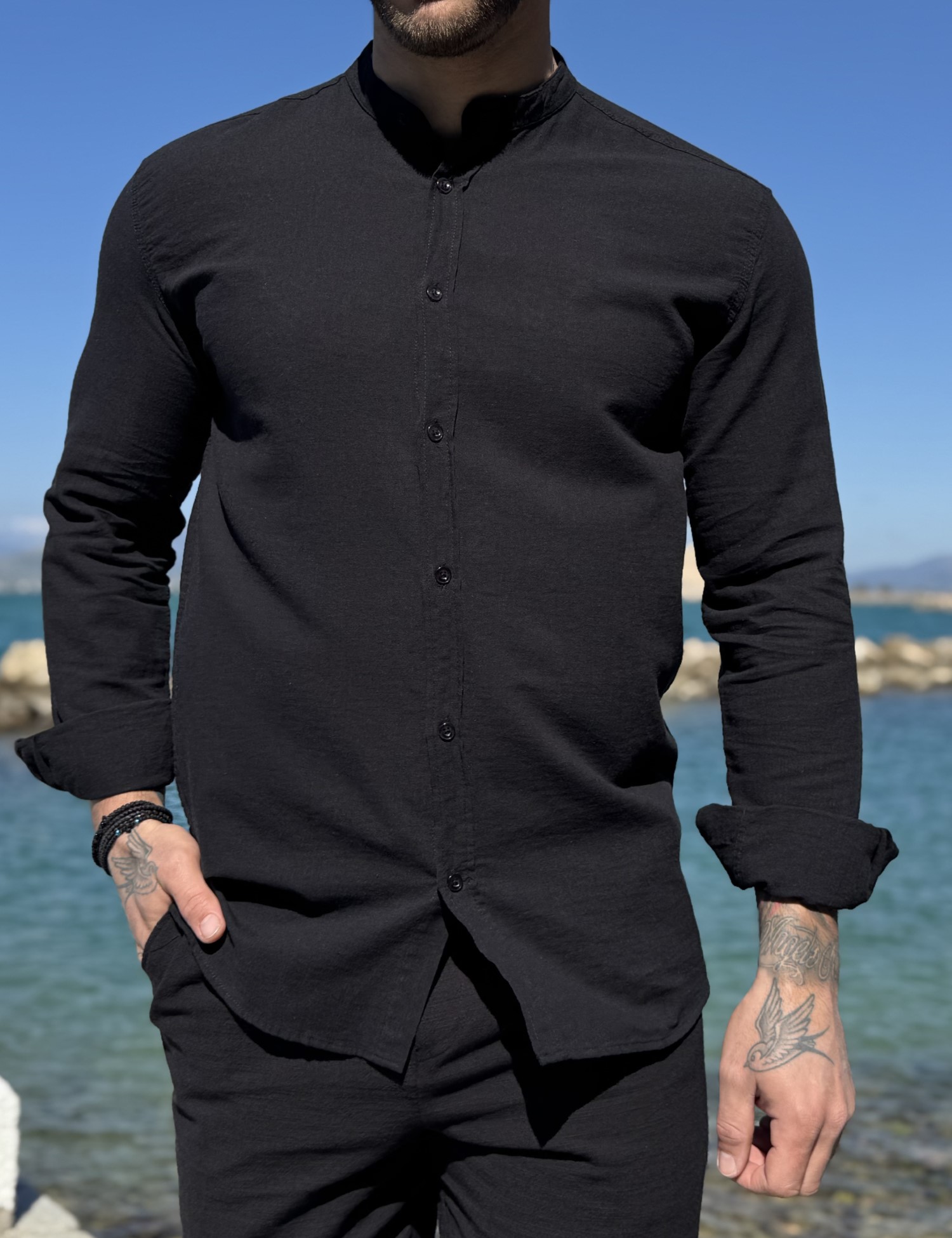 Ανδρικό λινό μαύρο πουκάμισο με μάο γιακά 9663M